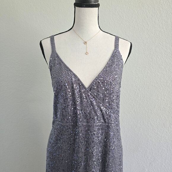 EILEEN FISHER Silk Sequin Sparkle Gray Dress Sz L Evening Cocktail Holiday Glam - Picture 2 of 8